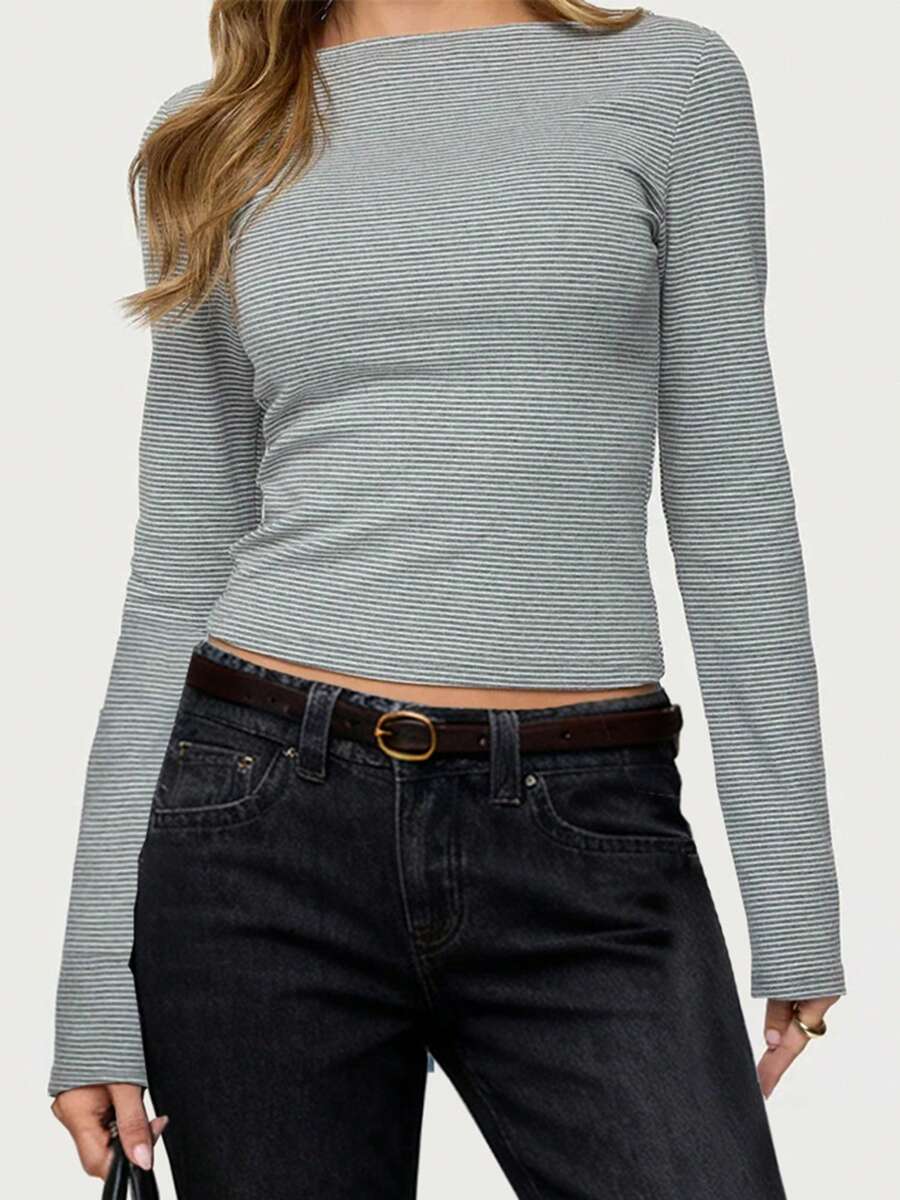 Women Striped Long Sleeve Tops Slim Fit Boat Neck Crop Fall Shirts For Daily Office - White - View 1