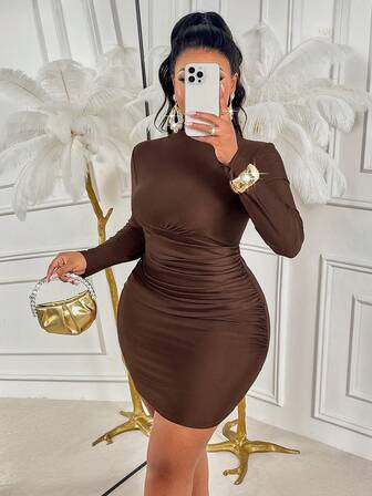 BIUBIU Vestido corto de manga larga con cuello alto y plisado - Fiesta/Baile de graduación, cintura ajustada en talla grande