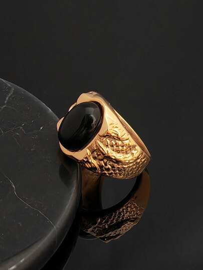 Handcrafted Men's Jewelry, Single Artificial Black Stone, Golden Color, 316 Stainless Steel Vintage Men's Ring