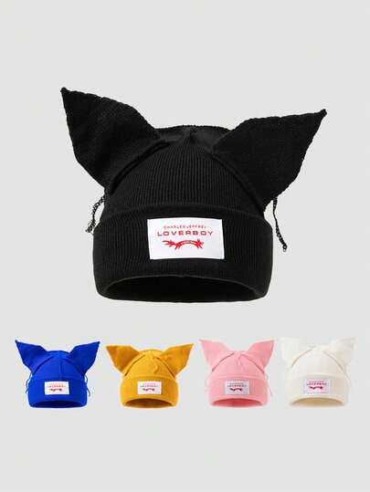 1pc Men's Fashionable Solid Color Versatile Letter Patch Cat Ear Beanie Hat, Suitable For Autumn/Winter Warmth And Daily Wear