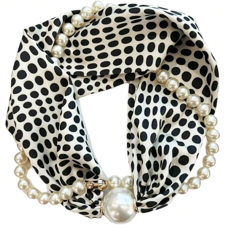 Bufanda estrecha de satén floral para mujer, cierre de cuello con perlas, collar de cadena elegante para el cuello - P - Ver 1