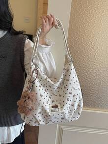 Korean Minimalist Polka Dot Canvas Tote Bag, New Large Capacity Shoulder Bag, Fashionable Commuter Handbag With Pendant - Multicolor - View 9
