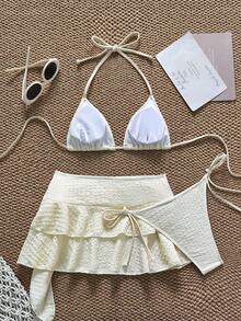 3pcs Apricot Bikini Set, Special Fabric, Casual Beach Party Swimwear - Apricot - View 2