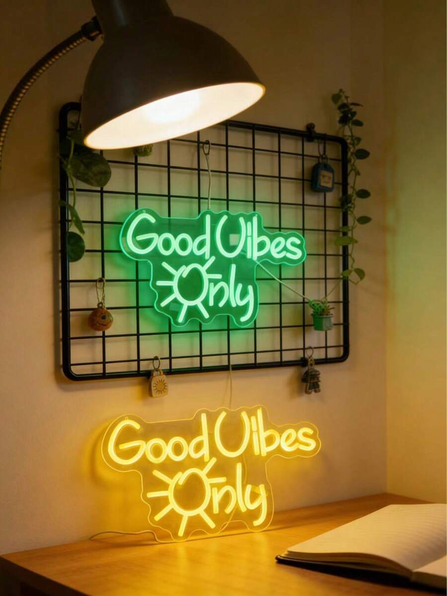 1 pieza Letrero de neón LED "Solo buenas vibras" con gráfico de sol, panel trasero de acrílico, alimentado por USB, luz decorativa de ambiente para colgar en la pared - luz verde - Ver 1