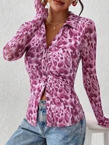 Women Button Down Floral Shirts  Fall Long Sleeve V Neck Ruched Fitted Mesh Blouse Tops Date Outfits Valentine's Day Vacation Fall Clothes For Women - Purple Leopard Print - View 4