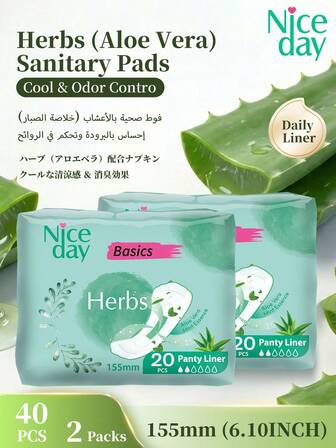 Niceday 40pcs/2packs, 155mm Aloe Vera Sanitary Pads, Daily Feminine Hygiene Pads, Ultra-Thin Period Liners, Absorb Heavy Flow, Leak-Proof, Breathable, Cooling, Odor Eliminating