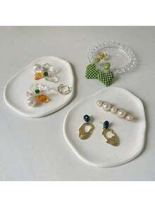 1pc Ins Style Cream White Floral Ceramic Tray, Home Desktop Jewelry Storage Dish For Earrings, Rings, Necklaces, Entryway Key Holder, High-Quality Photo Prop & Home Decor - Multicolor - View 5