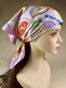 1pc Women's Elegant Satin Scarf With Lobster, Shrimp, Fruit, And Pasta Seafood Print, Neckerchief Hair Accessory - Multicolor - View 2