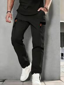 Men's Outdoor Multi-Pocket Cargo Pants, Featuring Drawstring Waist Design, Multi-Pocket Design Provides Ample Storage Space Sports - Black - View 3