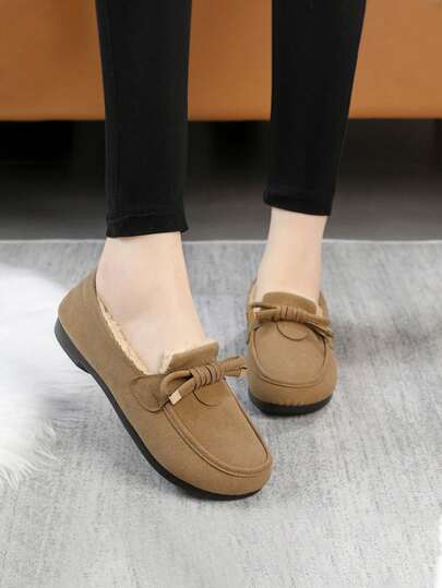 Zapatos planos de punta redonda para mujer con decoración de lazo, forro térmico, suela suave y cómoda, botas de nieve casuales para exteriores para otoño/invierno