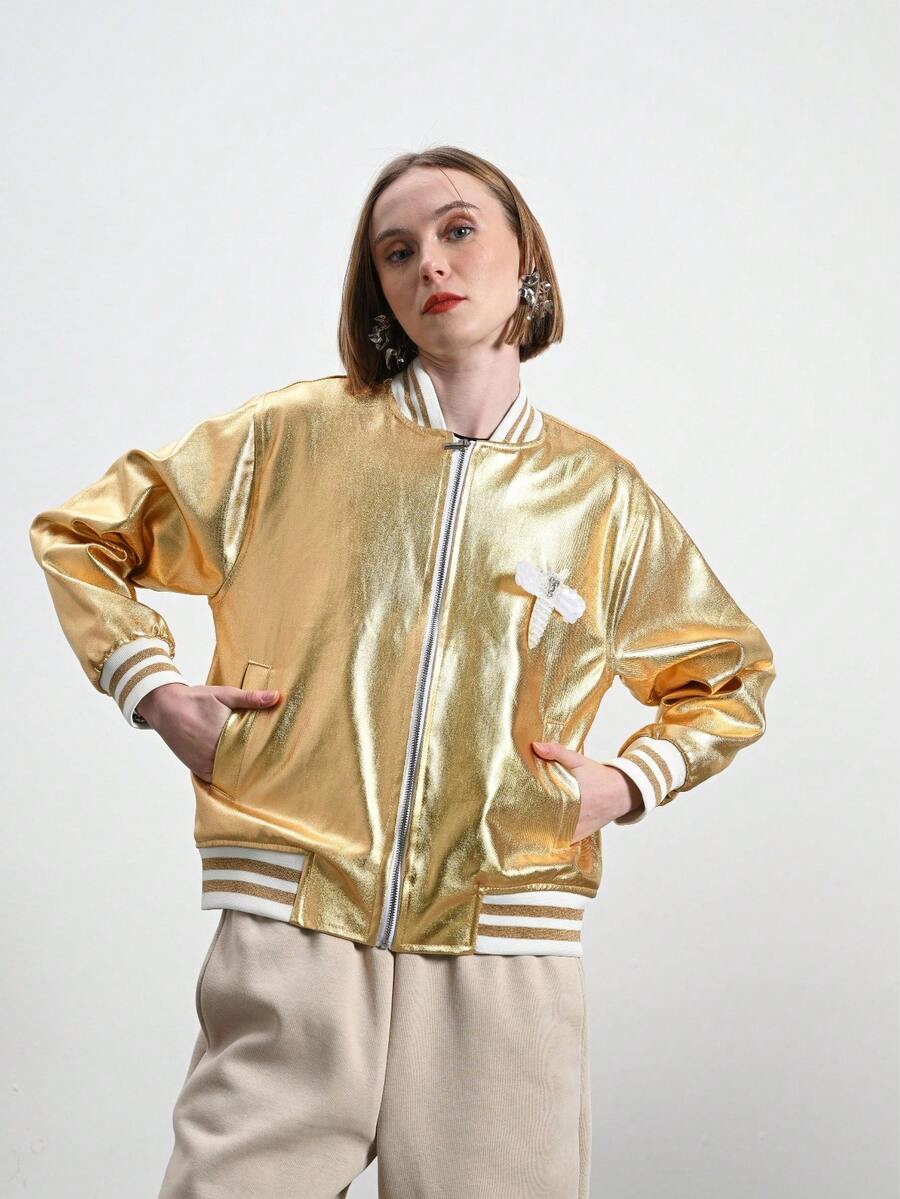 Metallic Bomber Jacket – Made In Turkey - Gold - View 1
