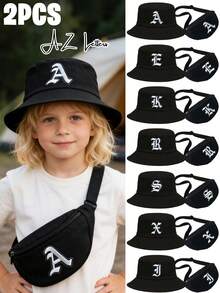 2pcs Kids Black Greek Alphabet Bucket Hat Set, Fashionable Personalized Sun Protection Hat, Compact Lightweight Versatile Packable, Practical Gift For Children, Suitable For Boys & Girls In All Seasons For Picnic, Daily Outdoor, Hiking, Fishing, Travel, School - Black - View 1