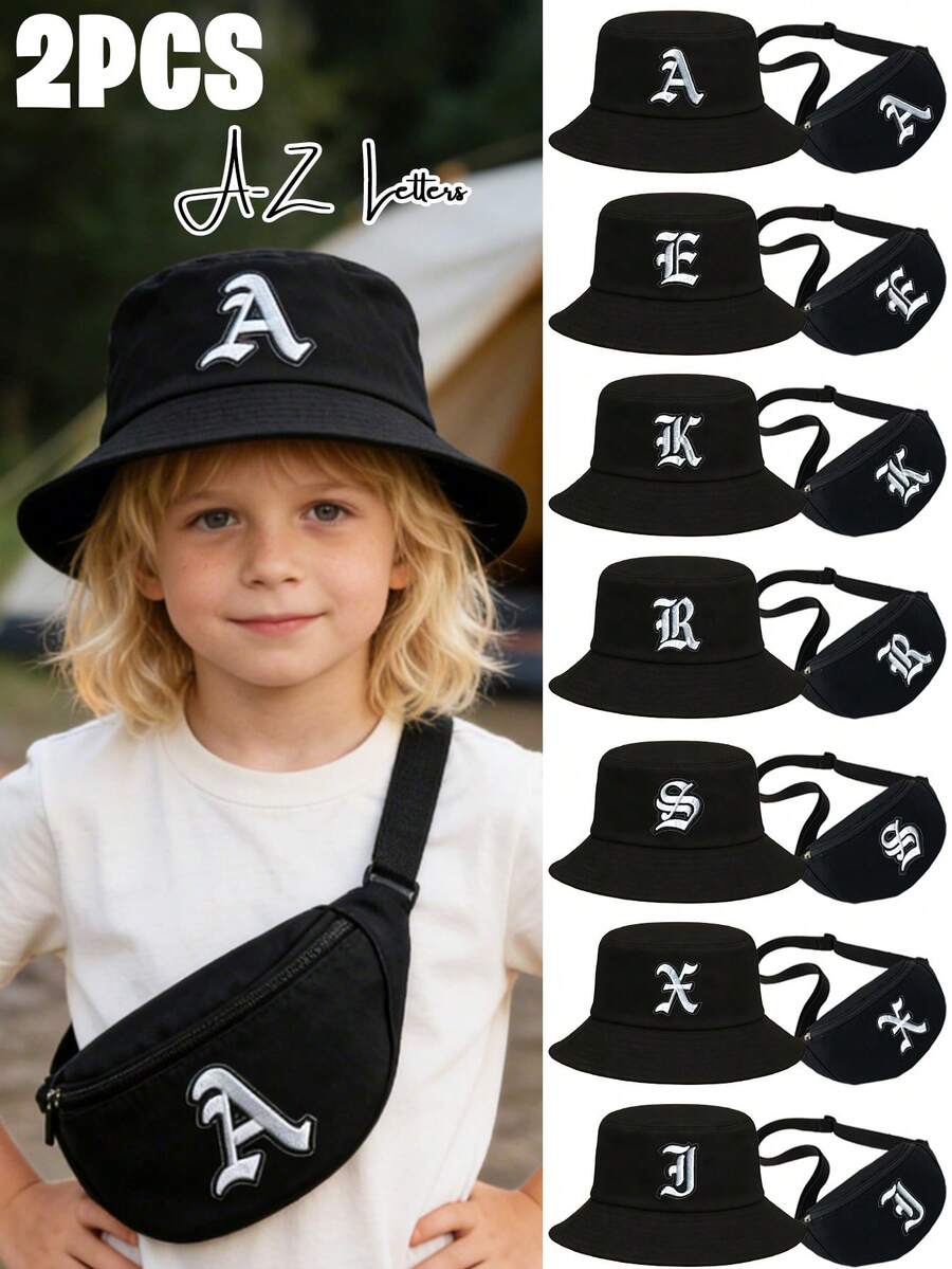 2pcs Kids Black Greek Alphabet Bucket Hat Set, Fashionable Personalized Sun Protection Hat, Compact Lightweight Versatile Packable, Practical Gift For Children, Suitable For Boys & Girls In All Seasons For Picnic, Daily Outdoor, Hiking, Fishing, Travel, School - Black - View 1