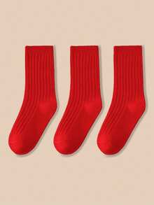 3双红色纯色袜子，适合2-16岁男孩女孩，秋冬季保暖地板袜，新年袜