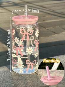 16oz Charming Pink Bow & Heart Pattern Glass Cup With Straw And Lid, Plastic Material, High Quality Reusable, Suitable For Juice, Coffee, Beer - Ideal Birthday Or Holiday Gift - Multicolor - View 8