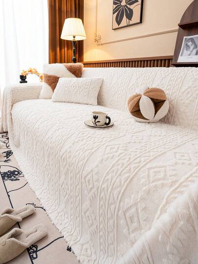 1件波西米亚风简约毛绒沙发套，加厚仿毛皮毯，印花图案，一体式设计，防滑，可机洗，适用于卧室、客厅、家居装饰沙发垫