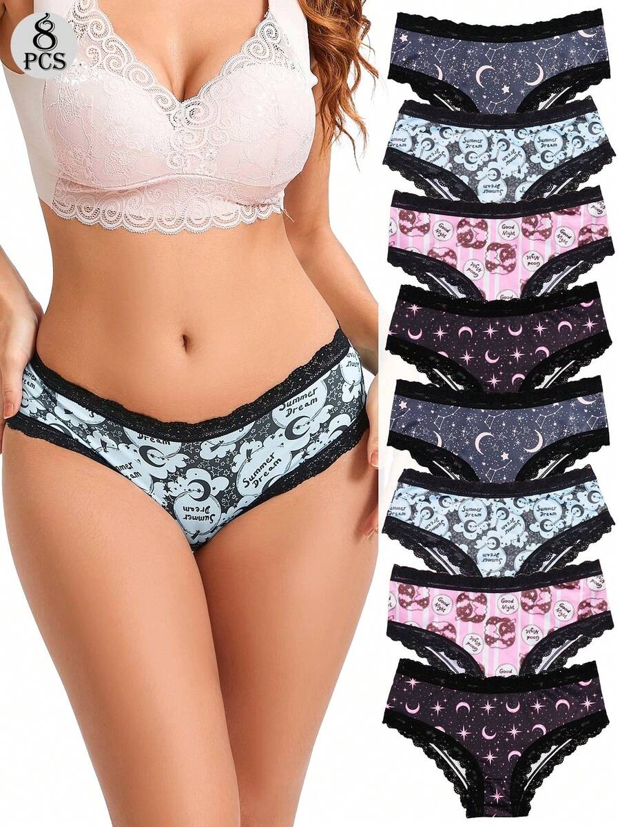Dircho 8pcs Women's Cute Celestial & Cartoon Pattern Contrast Lace Bikini Panties - Allover Moon/Star/Cartoon Print Silky Soft Comfy Intimates Underwear, Stretch Breathable Elastic Waist Daily Lingerie Set - Multicolor - View 1