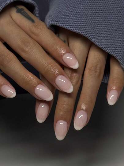 24pcs/Set Short Oval Ombre French Design Full Cover Nail Stickers, Press-On Manicure Supplies, Suitable For Office Ladies, Parties And Daily Wear. Full Cover Nail Stickers + 1 Bottle Jelly Gel + 1 Nail File, Decorate Your Nails And Enhance Your Fashion Sense.