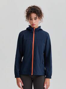 Chaqueta cortavientos de contraste de color para mujer, chaqueta deportiva impermeable y a prueba de viento para exteriores, transpirable, de manga larga, para correr, ciclismo, senderismo, para uso diario casual con cremallera, para primavera - azul real - Ver 12