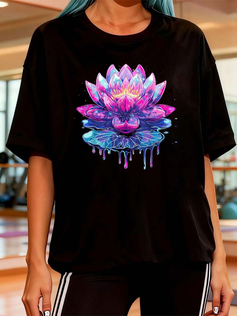 Vaporwave Celestial Lotus Flower Art T-Shirt, Women's Outdoor Exercise T-Shirt, Graphic Tees, Crop Tops, Sets, Tops, FVW8 T-Shirt - 黑色 - 查看 1