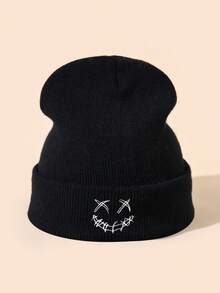 1pc Men's Embroidered Smiling Face Knit Beanie Hat, Suitable For Daily Warmth And Outfit Vacation Outfits - A - View 4
