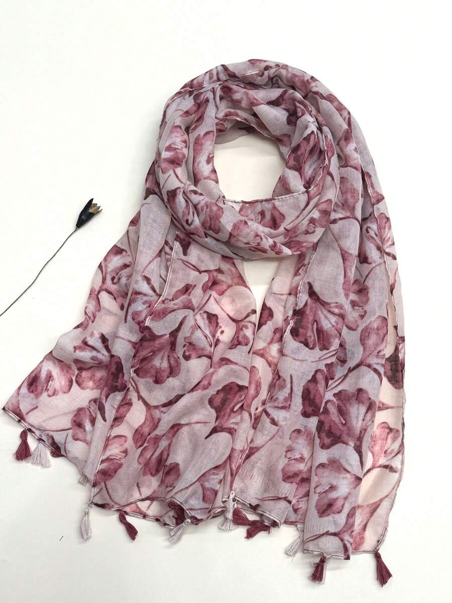 Nuevo pañuelo estampado bohemio, chal ligero y transpirable con flecos, elegante estilo de protección solar para mujer, ideal para la playa y los viajes - Rosa vieja - Ver 1