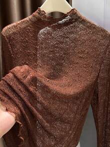 Autumn/Winter Turtleneck Long Sleeve Undershirt, Elegant Sheer Mesh Lace Overlay Top - Brown - View 6