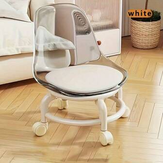 Białe akrylowe przezroczyste krzesło biurowe, stołek na kółkach, mały fotel Quiet Home, podnóżek na rolkach, krzesło ogrodowe
