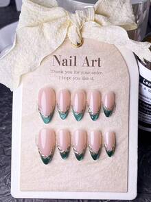 10片手工制作的按压式美甲贴片，短款美甲，假指甲，杏仁形美甲，法式美甲，白色美甲，黑色美甲，棕色美甲，豹纹美甲，绿色美甲，手绘黑色豹纹图案，纯色甲面，配有美甲工具，可快速粘贴和卸除，不损伤真甲，适合女士和女孩聚会。美甲用品 - 綠色 - 查看 12