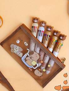 1 个可爱水豚透明网格文件袋 - 大容量涤纶收纳袋，多种图案可选，适用于学校、办公室、旅行 - 轻便易携，可收纳文件、用品、配件、水豚主题配件、文件整理，趣味设计，坚固耐用 - 彩色 - 查看 1