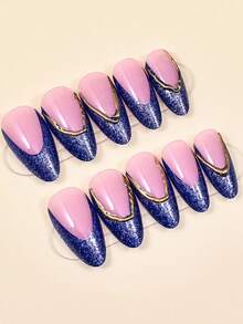 24 buc unghii French Tips cu sclipici roz și albastru, migdale, aplicate cu linie aurie - Albastru regal - Vizualizare 3