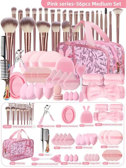 56 piezas Juego de brochas de maquillaje, incluye brocha para sombra de ojos, brocha para cejas, brocha para base, brocha para polvos, brocha para rubor, brocha para corrector y brocha para iluminador, hechas de pelo sintético premium ultra suave, adecuadas para maquillaje facial diario
