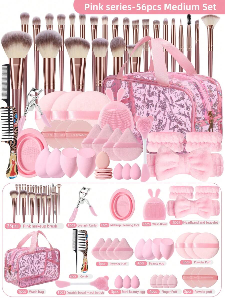 56pcs Makeup Brush Set, Includes Eye Shadow Brush, Eyebrow Brush, Foundation Brush, Powder Brush, Blush Brush, Concealer Brush And Highlighter Brush, Made Of Ultra-Soft Premium Synthetic Hair, Suitable For Daily Facial Makeup - Multicolor - View 1