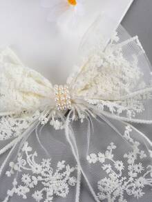 1pc Elegant Fashion Lace Bow Hair Clip, Suitable For Girls And Teenagers, Floral Print Hair Clip With Pearl Crocodile Clip Decor, Delicate Floral Print Hair Barrette, Bow Hair Clip For Party, Women's Daily Hair Accessory, Claw Clips, Hair Slide, Hair Barrettes - Multicolor - View 2