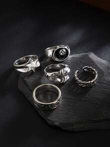 5pcs Fashionable Punk Geometric Metal Rings, Featuring Number 8 & Star Patterns, Great Gift For Friends & Classmates - Silver - View 3