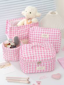 Túi đựng mỹ phẩm họa tiết kẻ ô màu hồng, túi đựng đồ đa năng, bộ túi đựng mỹ phẩm dung tích lớn, túi đựng mỹ phẩm in họa tiết caro dễ thương, túi đựng cọ trang điểm, giỏ đựng đồ dùng văn phòng bằng vải mềm, xô đựng dụng cụ làm đẹp, túi đựng đồ chăm sóc da, túi đựng đồ vệ sinh cá nhân du lịch di động, túi đựng đồ dùng vệ sinh họa tiết kẻ sọc. - Hồng - Xem 3