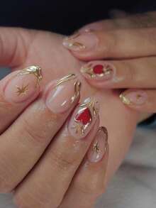 24 piezas de uñas postizas clásicas y minimalistas con formas de corazón, luna, estrella, francés y línea en color dorado metálico con forma de almendra, adecuadas para el Día de San Valentín, Año Nuevo, fiestas, bailes y ocasiones casuales, reutilizables y fáciles de quitar. Incluye pegamento de gelatina y lima de uñas. - Multicolor - Ver 11