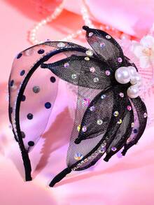 1pc Pearl Flower Headband With Rhinestone Mesh Hollow Wide Hairband, Suitable For Bride, Wedding, Party, Festival Gift, Date, Casual Wear, Hair Hoop