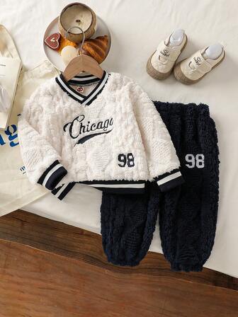 Toddler Boys' Casual Warm Set, Letter Embroidered Fleece Sweatshirt + Numeral Embroidered Simple Fleece Jogger Pants