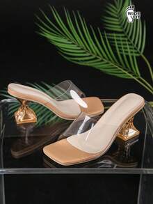 Giày sandal cao gót đế vuông quai ngang đính pha lê thanh lịch dành cho nữ, kiểu dáng rộng rãi, đa năng, tối giản, phù hợp cho hoạt động ngoài trời, đế dày chống trượt, thích hợp cho người có bàn chân rộng, sandal cao gót đính pha lê cỡ lớn, vật dụng cần thiết cho chuyến du lịch mùa hè. - Màu be - Xem 6