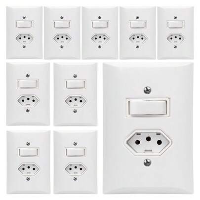 Kit 10 Interruptor Simples 1 Tecla + Tomada 10A 2p+t Com Espelho Branco Bivolt 127V e 250V
