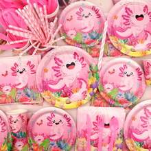 DPink Axolotl Birthday Party Decorations - Axolotl Party Plies Including Backdrop Plate Cake Topper Cup Napkin Balloon Tablecloth - Serves 20 - Hồng - Xem 5