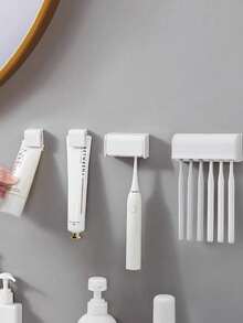 1pc All-In-One Toothbrush Holder With Cover, Wall-Mounted Toothbrush & Toothpaste Organizer, 2/5/6 Slots Self-Adhesive Bathroom Storage Rack, Suitable For Home Bathroom And Dorm - Multicolor - View 2