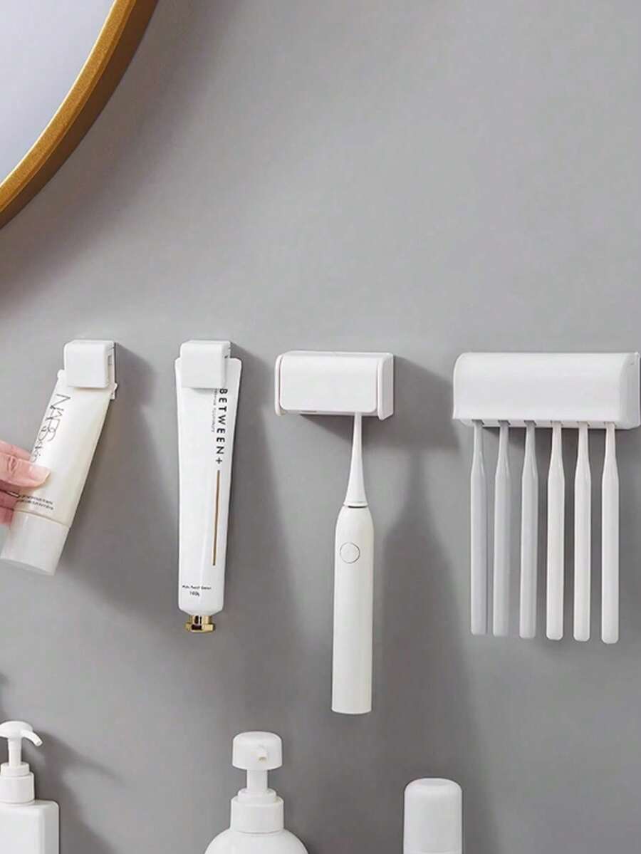 1pc All-In-One Toothbrush Holder With Cover, Wall-Mounted Toothbrush & Toothpaste Organizer, 2/5/6 Slots Self-Adhesive Bathroom Storage Rack, Suitable For Home Bathroom And Dorm