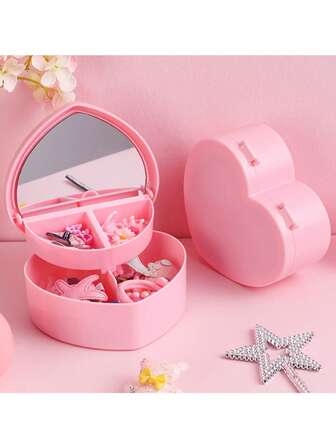 Pink Heart-Shaped Makeup & Jewelry Storage Box, Dressing Table Organizer With Mirror, Dual Layer For Dorm