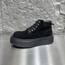 Herrderbyskor, rund tå, svarta arbetskängor, pendlingskängor, läderskor med tjock sula, populära herrskor, sneakers med tjock sula, låga skor - Svart - Visa 3