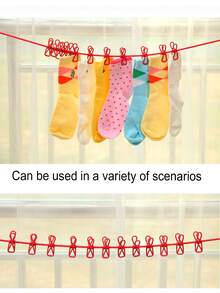 带夹子的晾衣绳，便携式伸缩防风晾衣绳，配有12个夹子，适合户外露营旅行