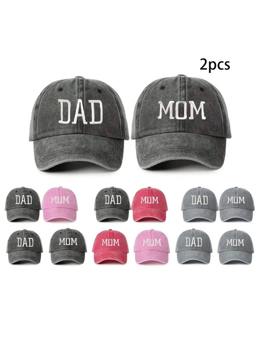 1pc/2pcs Embroidered "DAD/MOM" Washed Baseball Cap, Suitable For Couples, Outdoor Sun Protection, Casual, Travel, Beach, Versatile Y2K Style Sun Hat,Summer,Holiday,Festival - Baseball Cap - View 1