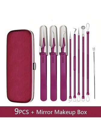 1 Set Blackhead, & Blemish Removal Tool Kit With Portable Storage Case – Stainless Steel Tweezers And Extractor Tools Included (Portal Mirror Box + Compact Travel Makeup/Vanity).Christmas Gifts New Year Gifts