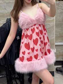 Women Spaghetti Strap Heart Mini Dress Y2K Sleeveless Faux Fur Fuzzy Trim Flowy Dress Cute Holiday Party Dresses - 粉色 - 查看 5